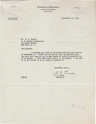 Letters Received to H.H. Barker, September 17, 1934