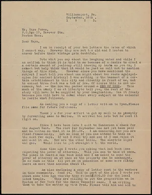 Albert Carpenter typed letter signed to Hays Jones, Williamsport, Pa., September 26, 1923