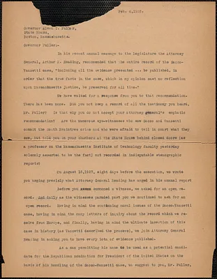 Sacco-Vanzetti Defense Committee typed letter (copy) to Alvan T. Fuller, Boston, Mass., February 6, 1927