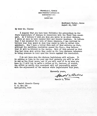 Letter from Harold Ickes to Daniel F. Clancy