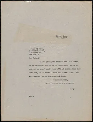 Sacco-Vanzetti Defense Committee typed letter (copy) to Lorenza Di Bello, Boston, Mass., October 1, 1927
