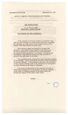 Press Release, Statements by President Dwight D. Eisenhower and Arkansas Governor Orval Faubus from Newport, Rhode Island