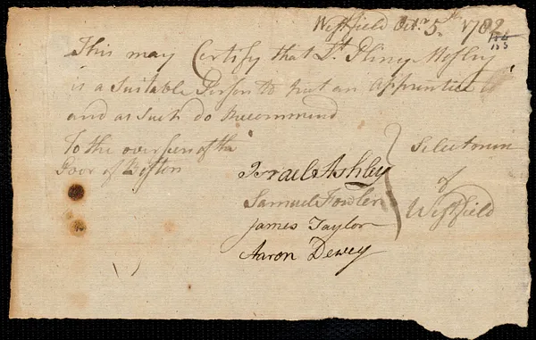 William Phillip Hodgetts indentured to apprentice with Pliny Mosley [Moseley] of Westfield, 12 October 1782