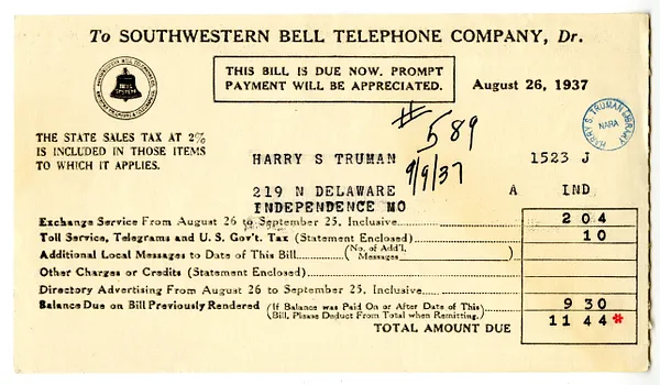 Bill from Southwestern Bell Telephone Company to Harry S. Truman