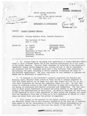 Memorandum of Conversation with Secretary of State Dean Acheson, Foreign Minister of Sweden Osten Unden, and Ward P. Allen