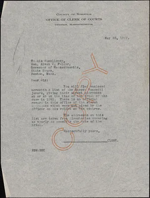 Letter from Robert B. Worthington, Clerk of Courts (Norfolk County) to Massachusetts Governor Alvan T. Fuller