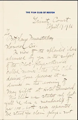 Brazier, Marion Howard, b.1850 autograph letter signed to Hugo Münsterberg, Boston, 19 April 1916