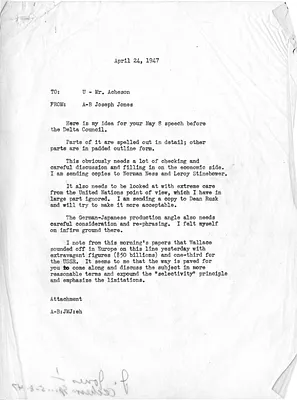 Memorandum from Joseph M. Jones to Dean Acheson with Attached Draft Outline of Speech
