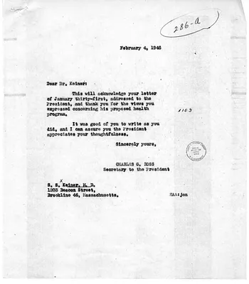 Letter from Dr. S. S. Keiner to President Harry S. Truman, with a Reply from Charles Ross