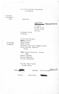 White House Luncheon Menu for Her Royal Highness Princess Elizabeth of England