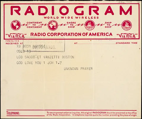 Telegram to [Nicola Sacco] and [Bartolomeo Vanzetti], Oslo, 18 August 1927