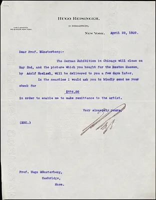 Reisinger, Hugo, 1856-1914 typed letter signed to Hugo Münsterberg, New York, 22 April 1909