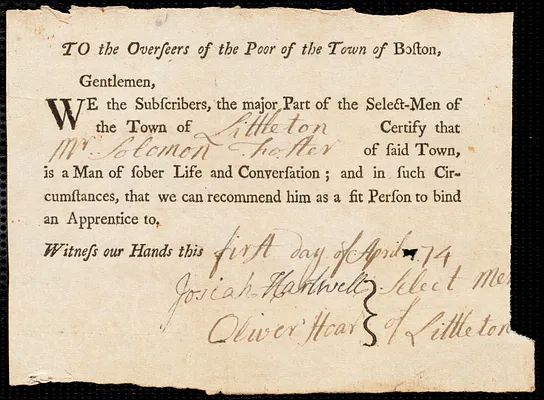 John Grimes indentured to apprentice with Solomon Foster of Littleton, 6 April 1774
