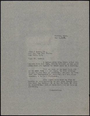 Sacco-Vanzetti Defense Committee typed letter (copy) to John J. Leary, Jr., Boston, Mass., May 5, 1927