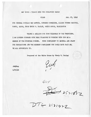 Cable from Edwin Pauley to General Douglas MacArthur