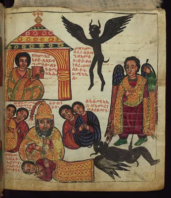 Above: How Satan flew away like a raven/crow when Euphemia showed him the picture of St. Michael;Below: How Satan came (again) looking like four women and St. Michael trod on him