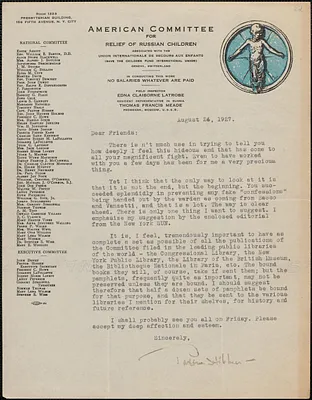 Paxton Hibben (American Committee for Relief of Russian Children) typed letter signed to [Sacco-Vanzetti Defense Committee], New York, N. Y., August 24, 1927