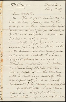 Letter from Samuel May, Jr., Leicester [Mass.], to Wendell Phillips Garrison, Aug. 13/[18]67