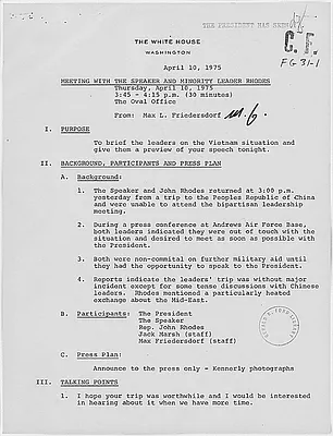 Briefing paper for President Gerald R. Ford's meeting with Speaker of the U.S. House of Representatives Carl Albert and Minority Leader John Rhodes concerning the situation in Vietnam and the President's upcoming speech on that topic.