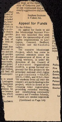 Minuteman newspaper clippings of Letter to the Editor “Appeal for Funds”