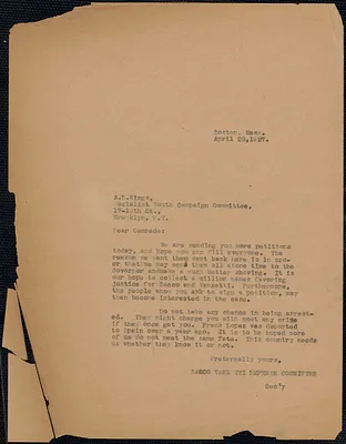 Sacco-Vanzetti Defense Committee typed letter (copy) to A. D. Kings (Socialist Youth Campaign Committee), Boston, Mass., April 28, 1927