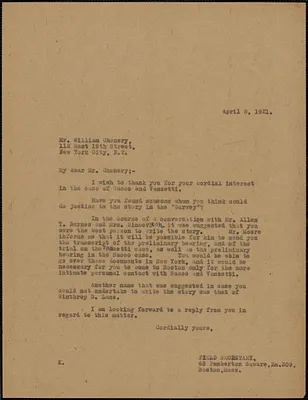 Sacco-Vanzetti Defense Committee typed letter (copy) to William Chenery, Boston, Mass., April 8, 1921