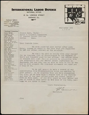 James P. Cannon (International Labor Defense) typed letter signed to Sacco-Vanzetti Defense Committee, Chicago, Ill., September 3, 1926