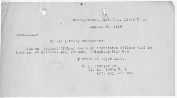 Memorandum from First Lieutenant W. H. Younger, Jr. to All Battery Commanders