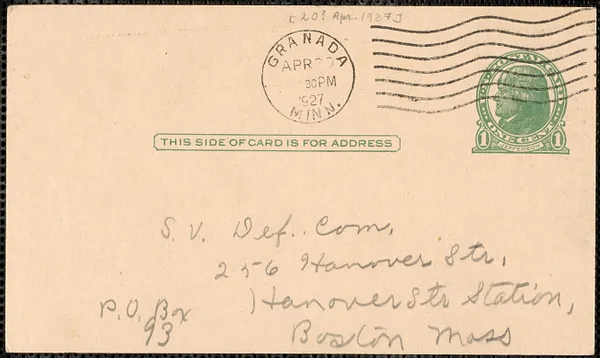 Irene Benton autograph note (postcard) to Sacco-Vanzetti Defense Committee, Granada, Minn., April 20?, 1927