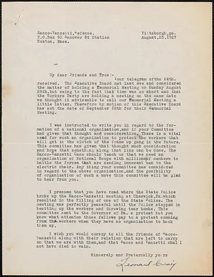 Leonard Craig (Sacco-Vanzetti Defense Committee of Western Pennsylvania) typed letter signed to the Sacco-Vanzetti Defense Committee, Pittsburgh, Pa., August 25, 1927