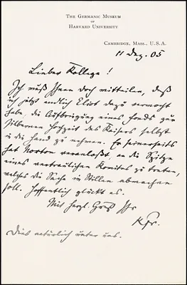 Francke, Kuno, 1855-1930 autograph letter signed to Hugo Münsterberg, Cambridge, Mass., 11 December 1905