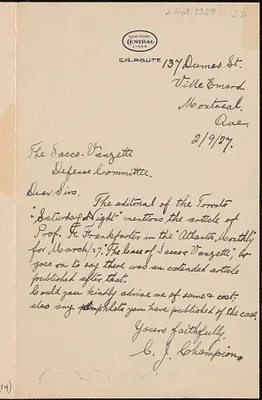 C. J. Champion autograph letter signed to Sacco-Vanzetti Defense Committee, Montreal, Quebec, Canada, September 2, 1927