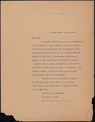 Sacco-Vanzetti Defense Committee typed letter (copy), in Italian, to Joe [Joseph J. Ettor?], Boston, Mass., February 11, 1925