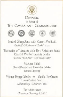 01/09/2006 - Dinner Honoring the Combatant Commanders - Menu