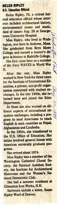 Washington Post obituary, August 30, 1989, Helen Ripley, Abbot Academy, class of 1930