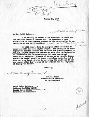 Letter from Rabbi Dudley Weinberg to President Harry S. Truman, with a Reply from David Niles