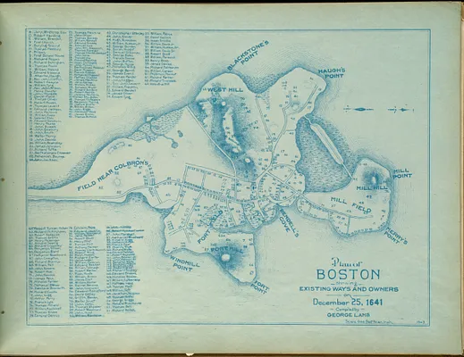 Plan of Boston showing existing ways and owners on December 25, 1641