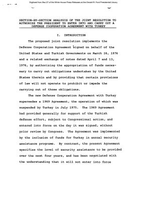 Section-by-Section Analysis of the Joint Resolution to Authorize the President to Enter Into and Carry Out a Defense Cooperation Agreement with Turkey [Bill]
