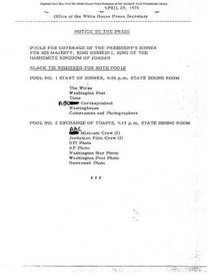 Pools for Coverage of the President's Dinner for His Majesty, King Hussein I, King of the Hashemite Kingdom of Jordan [Meeting Attendee List]