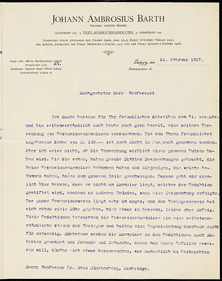 Meiner, Arthur, 1865-1952 typed letter signed to Hugo Münsterberg, Leipzig, Ger., 14 February 1913