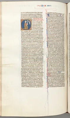 Fol. 360v, Nahum, historiated initial O, Nahum kneeling with a scroll, bust of God above