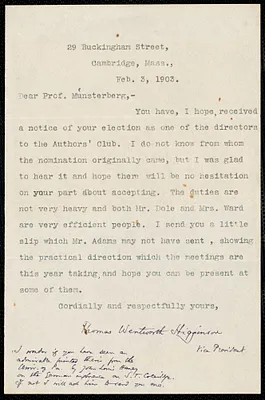Higginson, Thomas Wentworth, 1823-1911 typed letter signed to Hugo Münsterberg, Cambridge, Mass., 3 February 1903