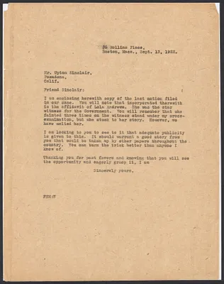Sacco-Vanzetti Case Records, 1920-1928. Correspondence. Sacco-Vanzetti Defense Committee Correspondence to Upton Sinclair, July 25 and September 3, 1922. Box 41, Folder 38, Harvard Law School Library, Historical & Special Collections