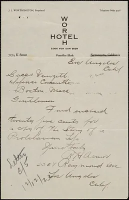 R. H. Armor autograph letter signed to Sacco-Vanzetti Defense Committee, Los Angeles, Calif., October 13, 1923