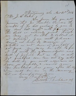 Burch, Kirkland & Co., Montgomery, Ala., manuscript letter signed to Ziba B. Oakes, 21 November 1856