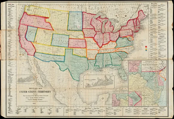 Military map of the United States & territories showing the location of the military posts, arsenals, Navy yards, & ports of entry