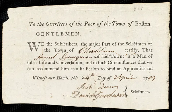 Sophia Truan indentured to apprentice with Samuel Sprague of Charlestown, 29 April 1793