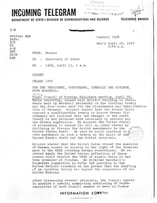 Telegram from Walter Bedell Smith to the Department of State