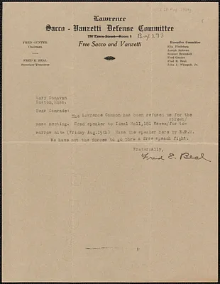Fred E. Beal (Lawrence Sacco-Vanzetti Defense Committee) typed note signed to Mary Donovan, Lawrence, Mass., [August 18, 1927]