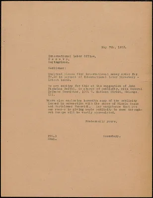 Frank Lopez (Sacco-Vanzetti Defense Committee) yped letter (copy) to International Labor Office in Geneva, Boston, Mass., May 7, 1923